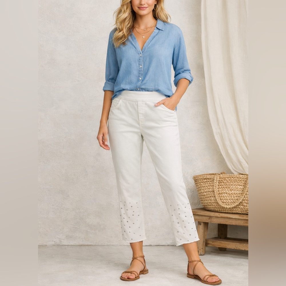 Patchington White Pearl & Stud Embellished Croppe… - image 1